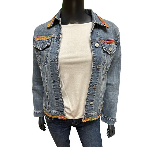 Custom Upcycled GAP Denim Jacket Fringe & Rainbow Trim Sz Small S - Picture 2 of 8